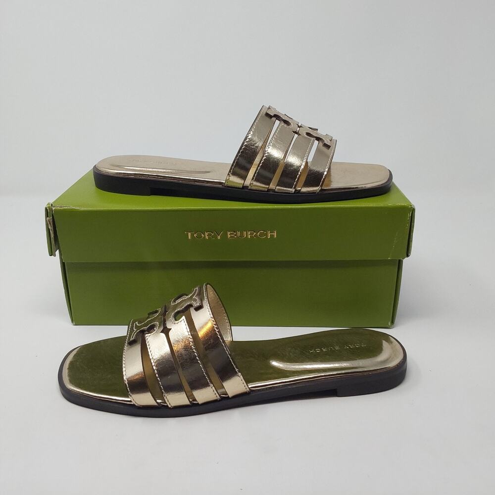 Tory Burch Ines Cage Slide Sandals Women 6.5 Spark Gold Metallic Leather NIB
